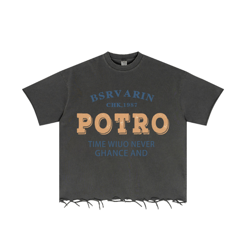 Printed design with distressed effect on Dark Gray streetwear tee, pigment dye base visible.