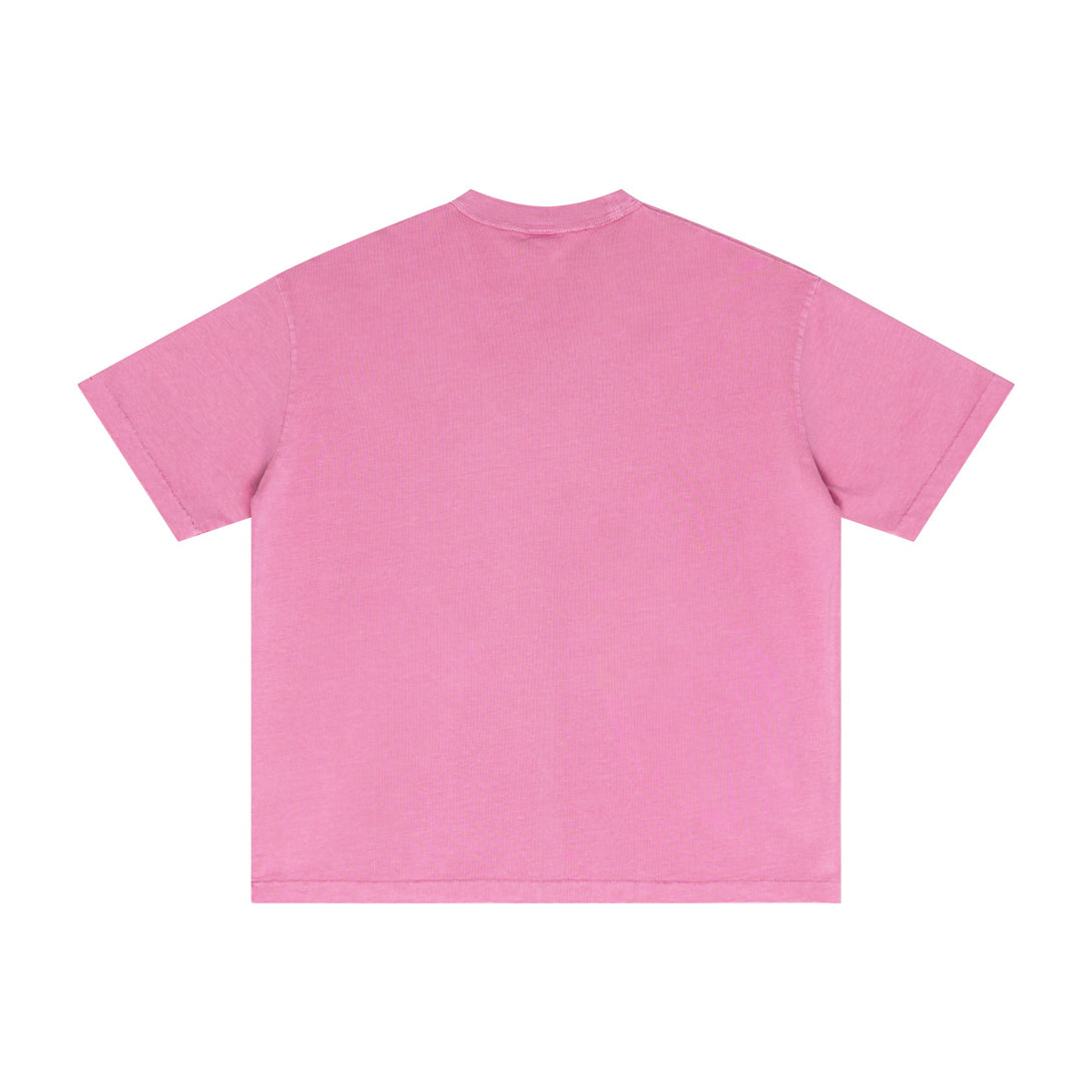 Back of rose red distressed cotton tee with pigment-dyed finish and oversized fit. Vintage wash bulk apparel.