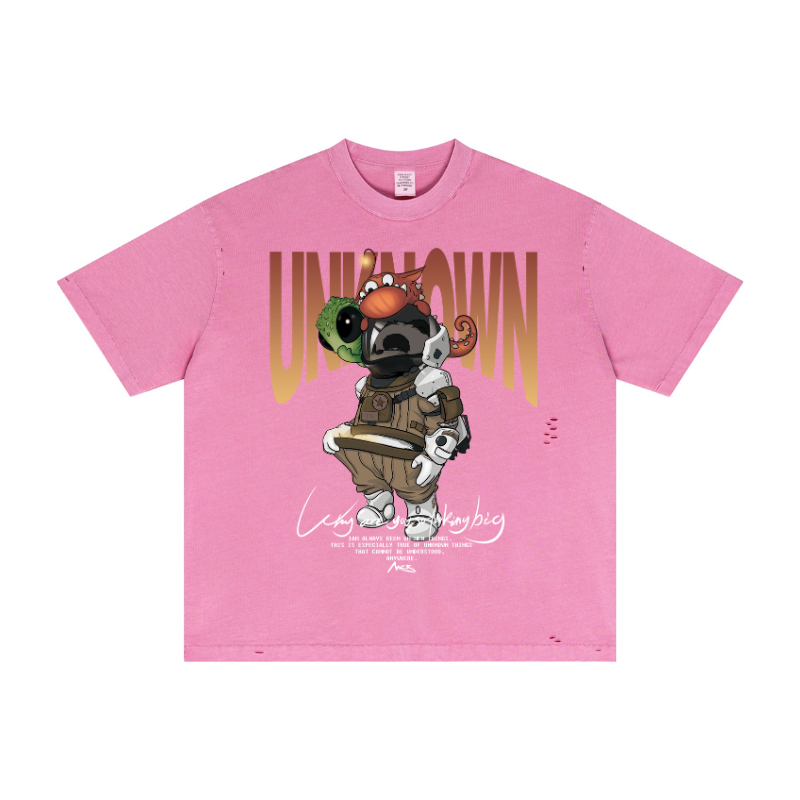 Rose red distressed cotton tee featuring graphic floral pigment-print - Raw hem oversized streetwear | Bulk supplier stock blanks