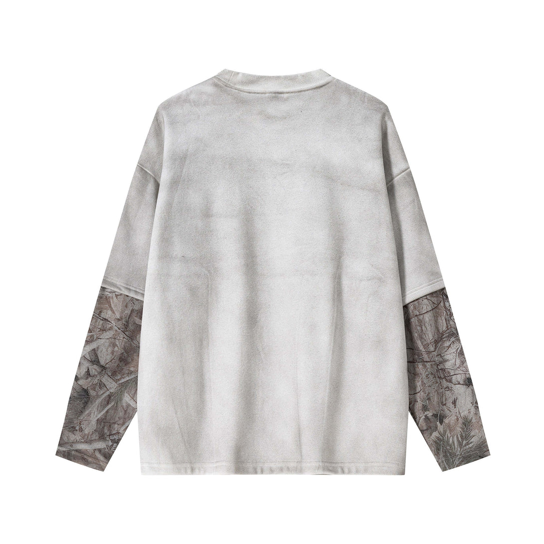Men's 340g Gray Spray-Dye Camo Crew Neck - back view showcasing camo layered sleeves and premium fabric.