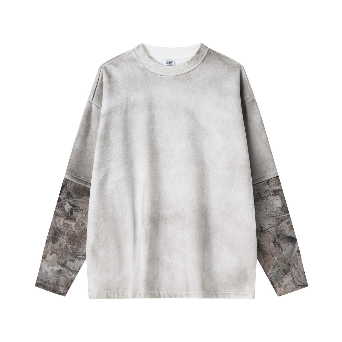 Men's 340g Gray Spray-Dye Camo Crew Neck featuring unique spray-dye and camouflage sleeves.