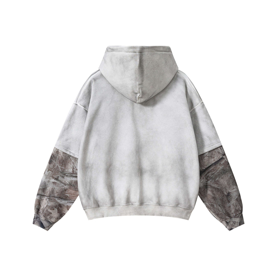 Men's 340g Grey Camo Weighted Hoodie - Spray Dye Pullover, back view showcasing grey camo design on sleeves.