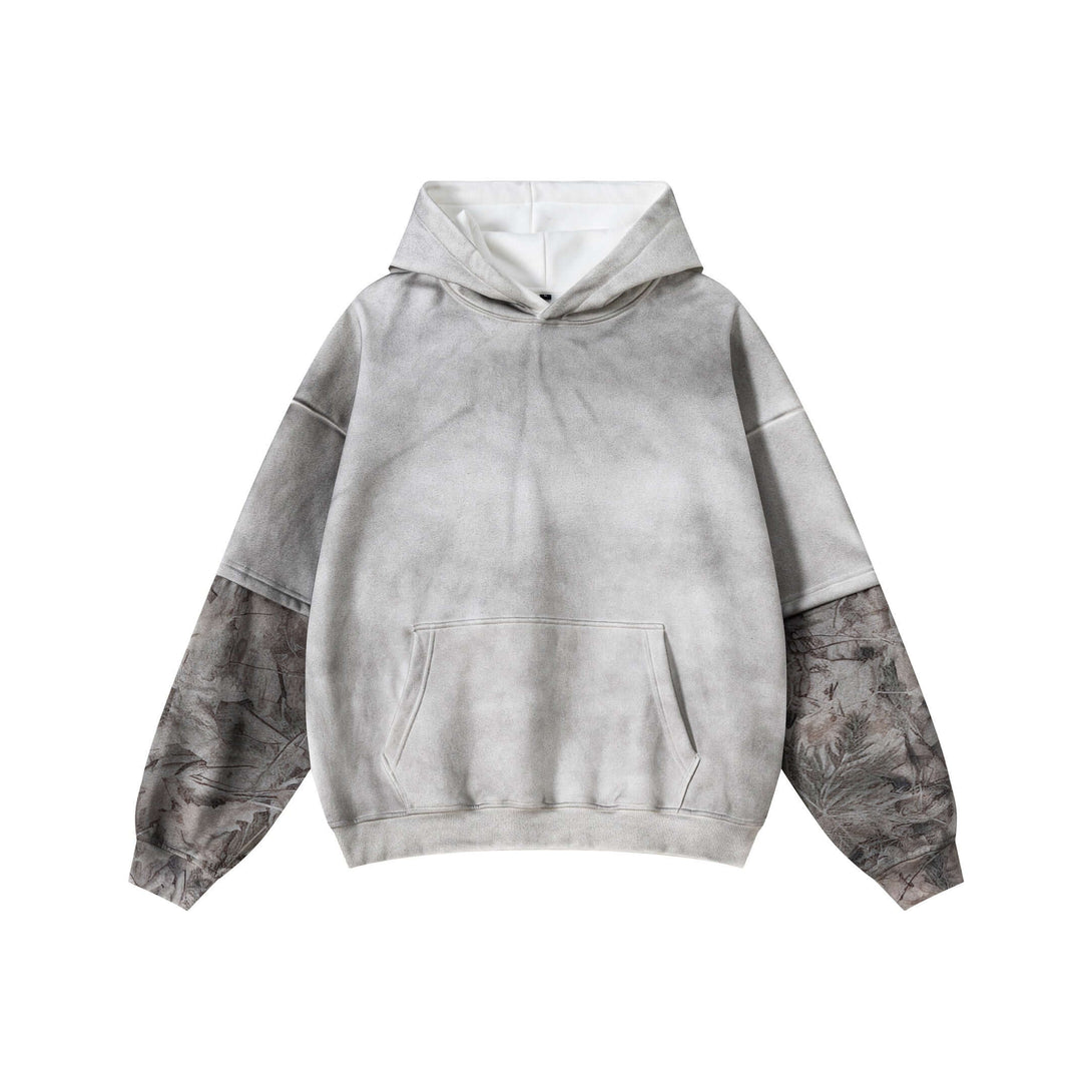 Men's 340g Grey Camo Weighted Hoodie - Spray Dye Pullover with layered camouflage sleeves.