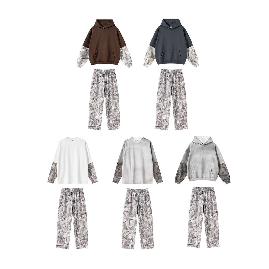 Men's 340g Grey Camo Weighted Hoodie displayed with various matching pants and colors, showcasing urban aesthetics and style.