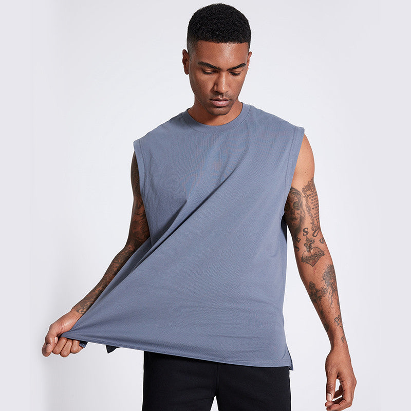 Grey sleeveless vest active fit on model