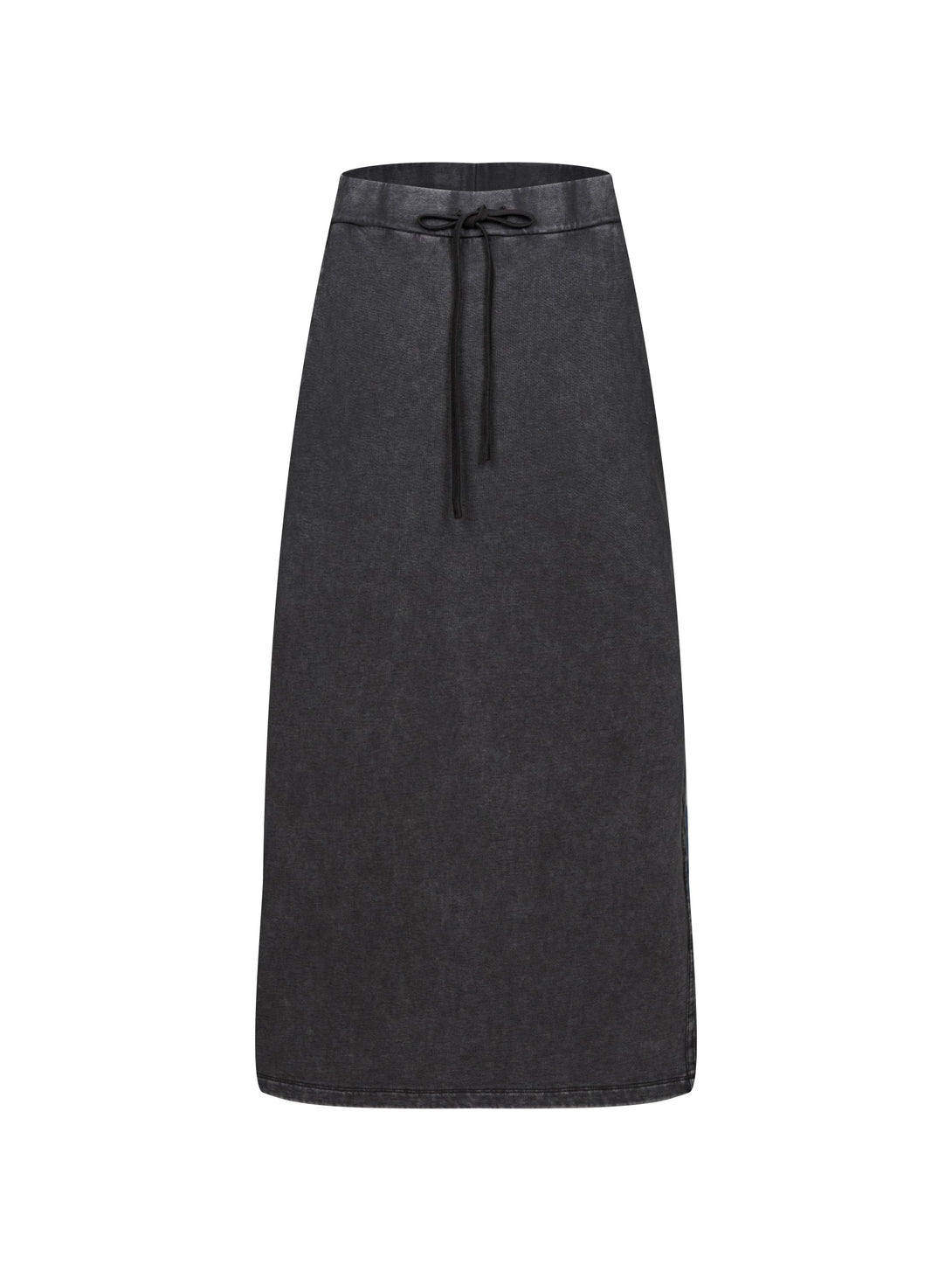 Front view of heavy wash high-rise A-line skirt in black