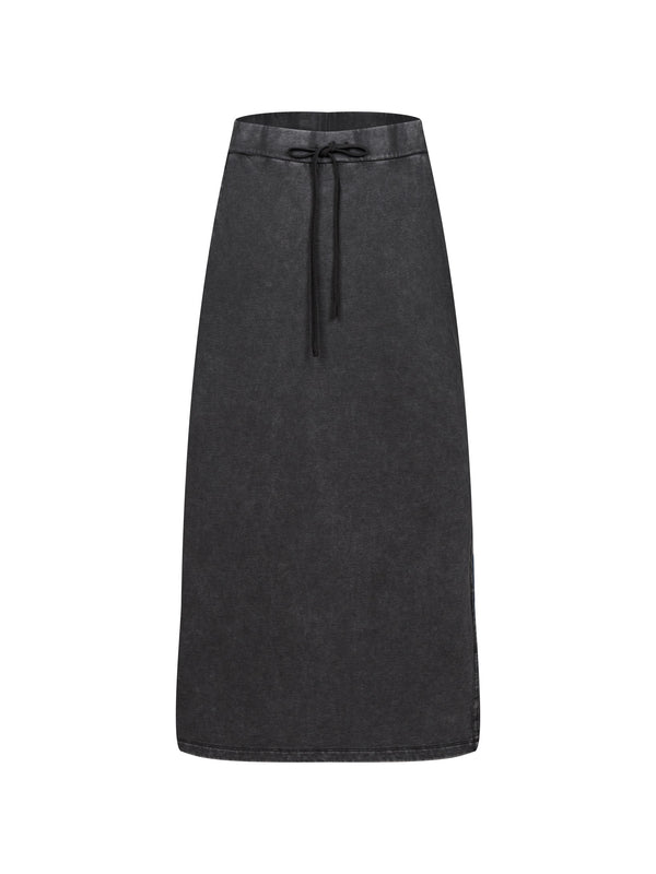 Front view of heavy wash high-rise A-line skirt in black