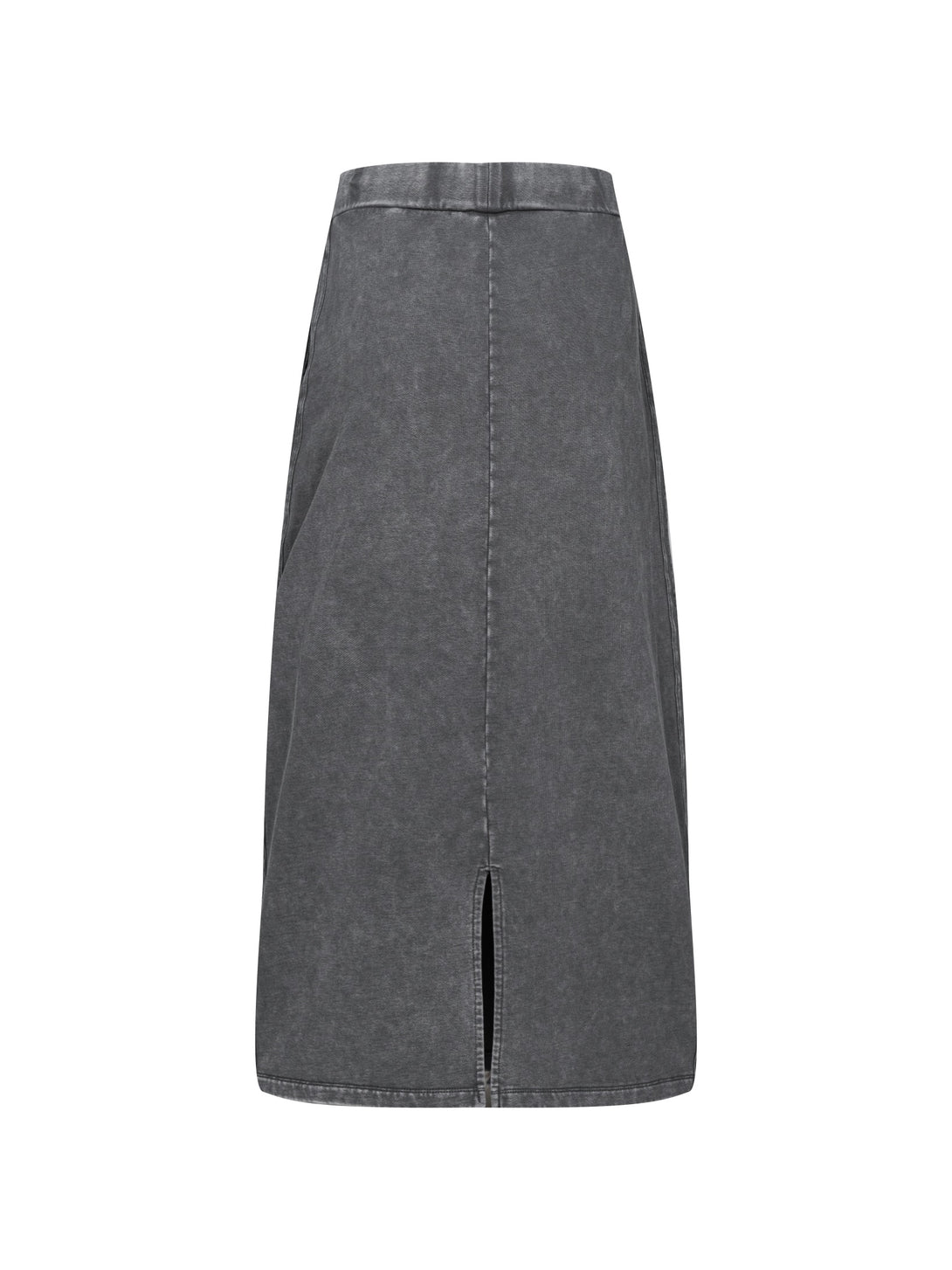 Back angle of dark gray heavy wash women's skirt