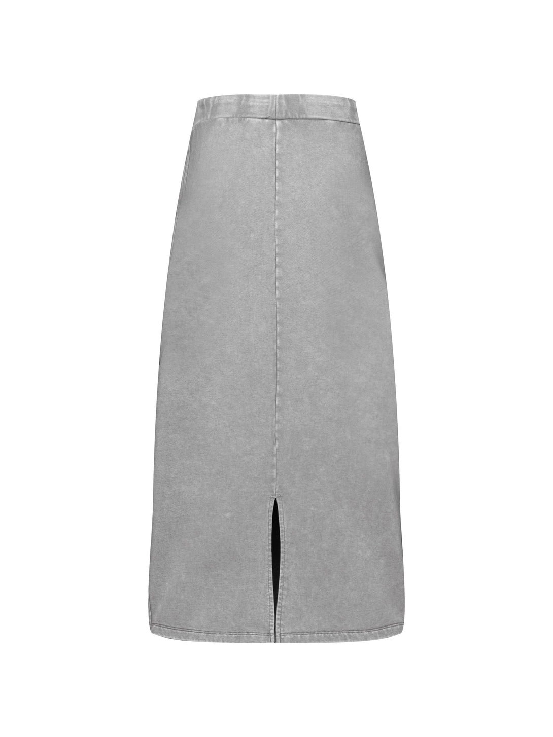 Medium gray heavy wash A-line skirt back flat lay