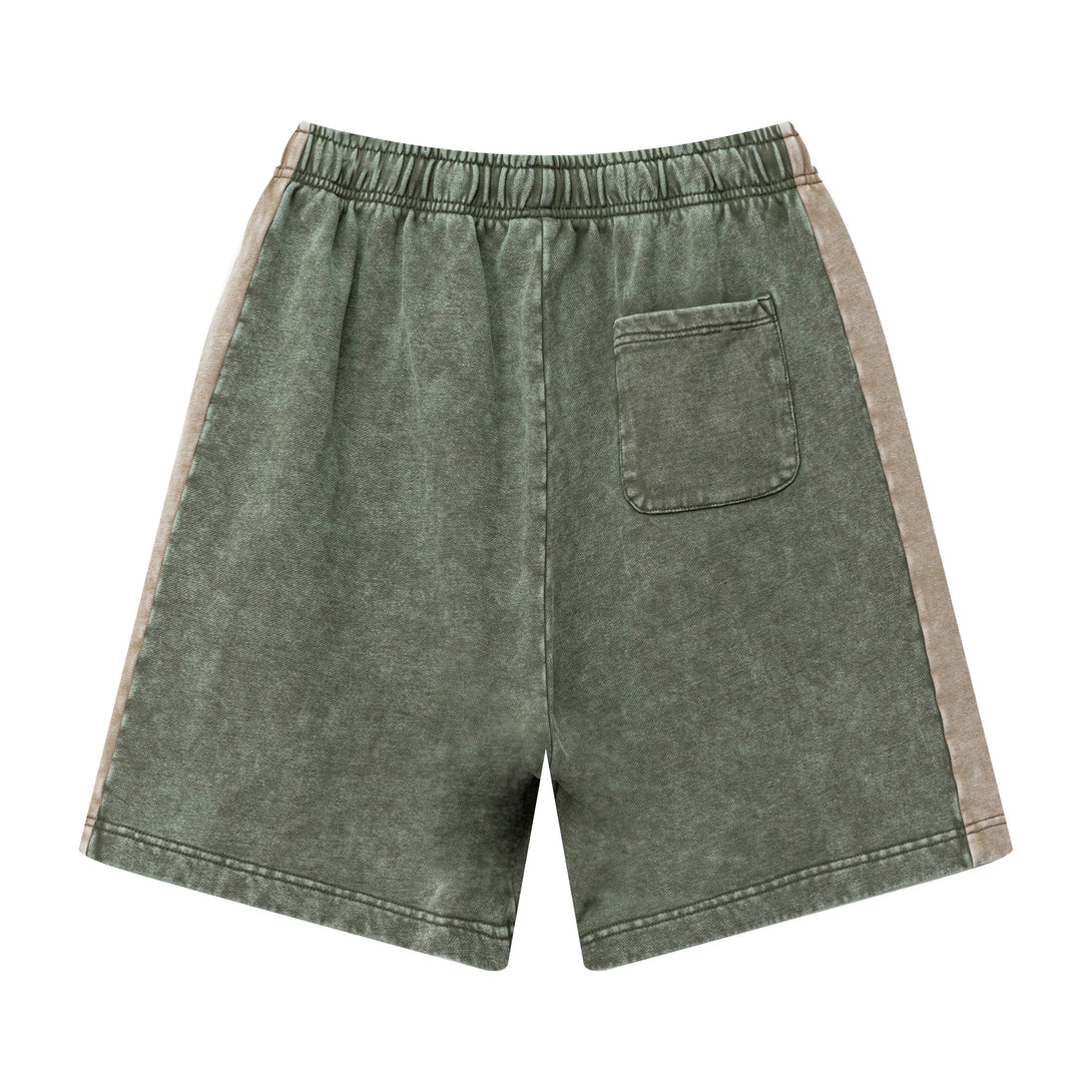 Back view of heavy wash unisex retro shorts in Army Green/Khaki colorblock