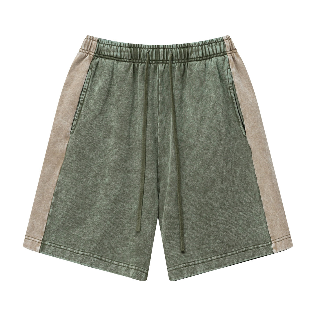 Front view of heavy wash unisex retro shorts in Army Green/Khaki colorblock