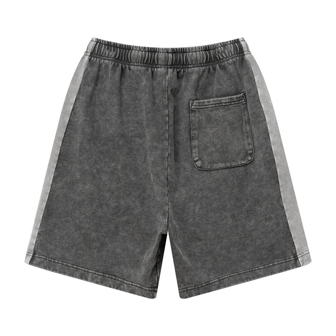 Back view of heavy wash unisex retro shorts in Dark Gray/Light Gray colorblock