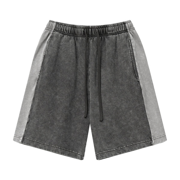 Front view of heavy wash unisex retro shorts in Dark Gray/Light Gray colorblock