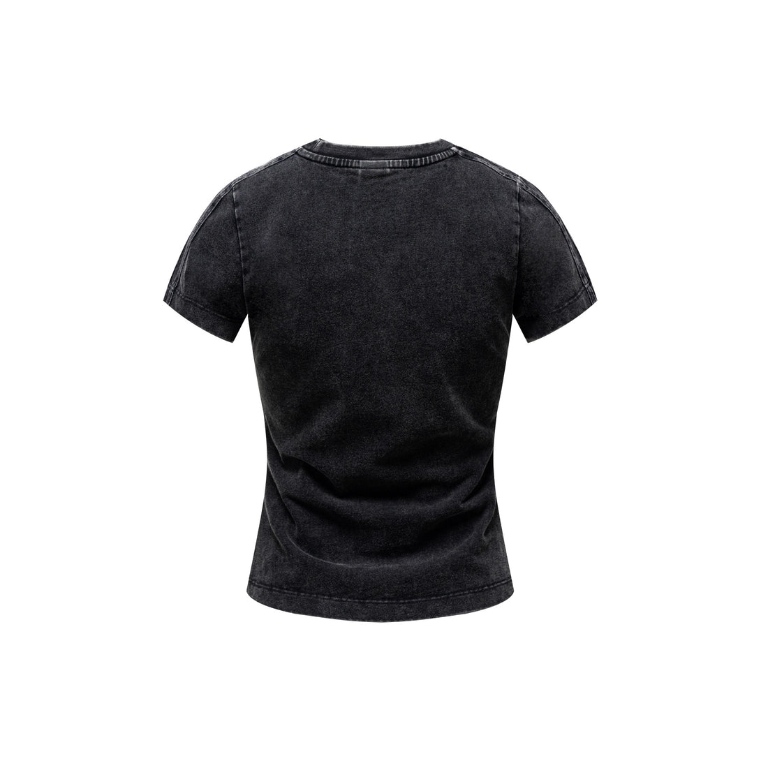Back view of heavy wash slim fit women's t-shirt in black
