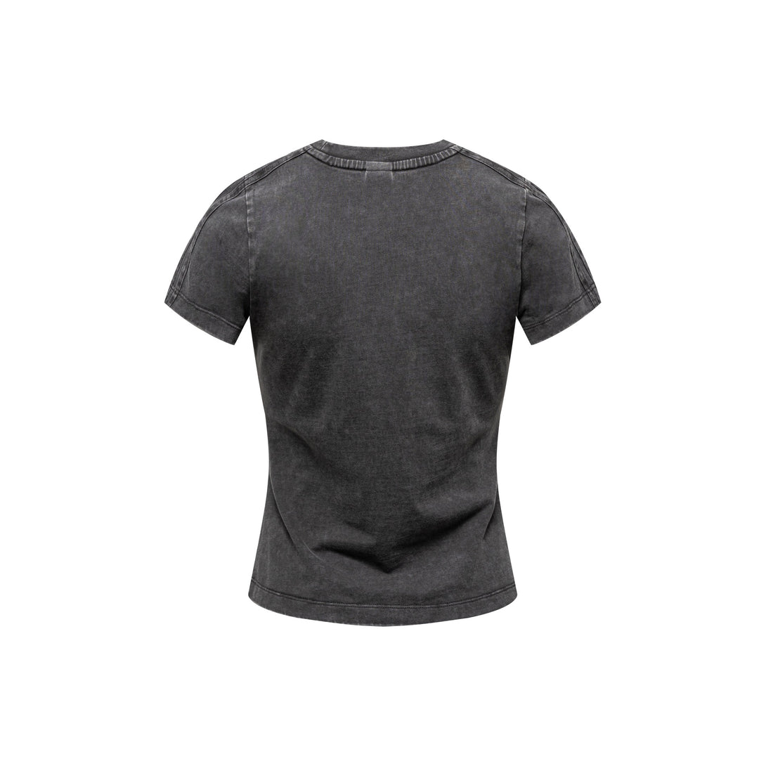 Back view of heavy wash slim fit women's t-shirt in dark gray