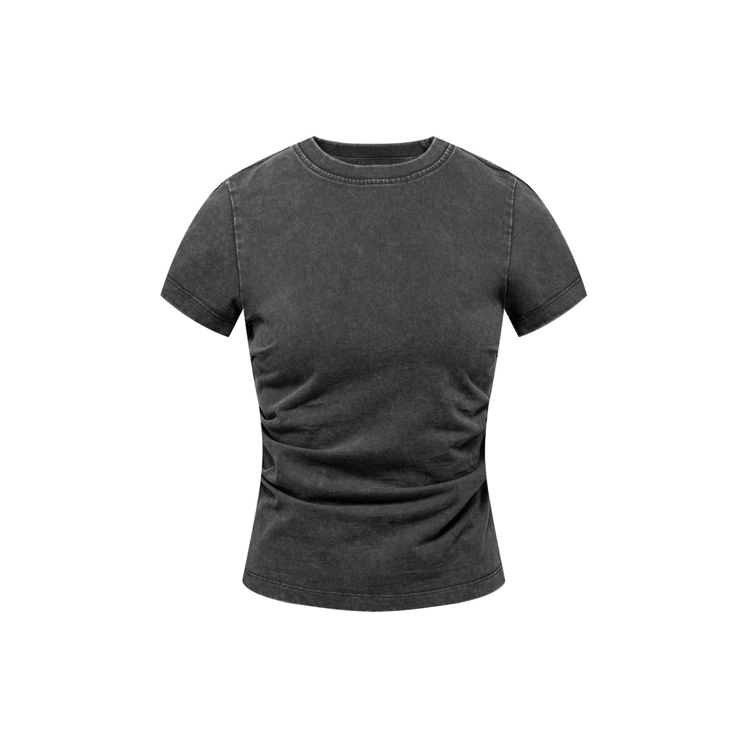 Front view of heavy wash slim fit women's t-shirt in dark gray