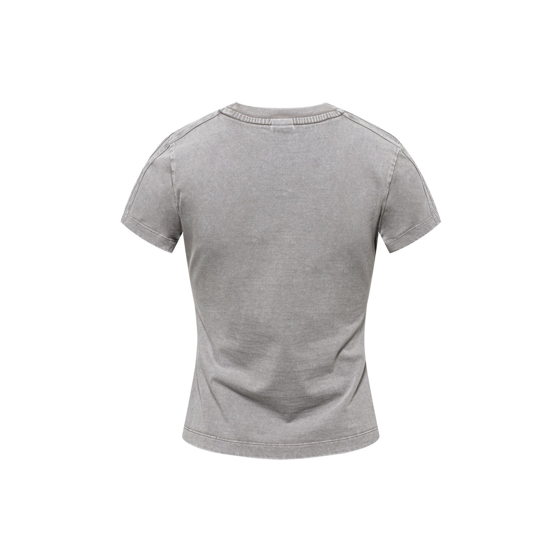 Back view of heavy wash slim fit women's t-shirt in medium gray