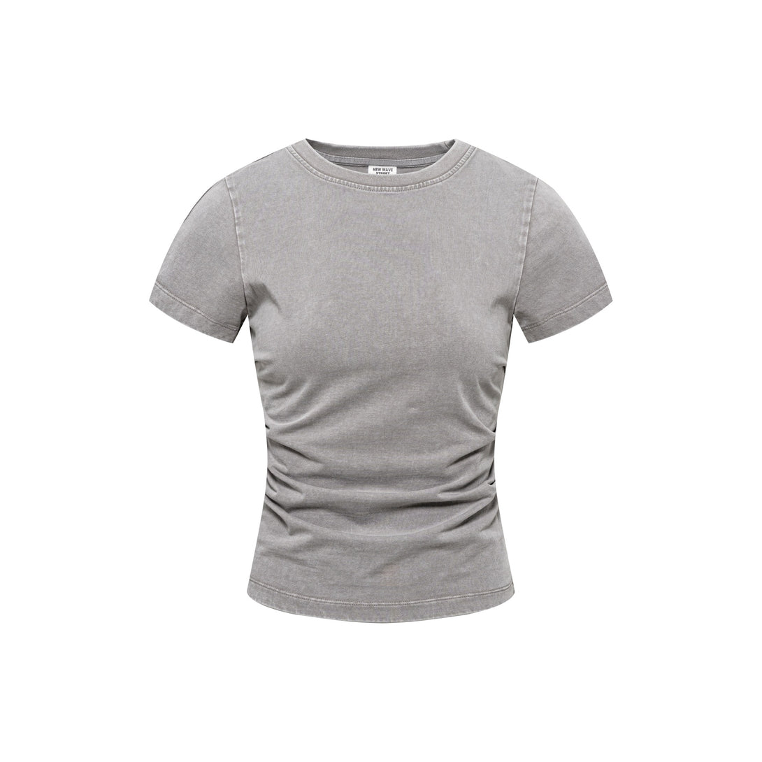 Front view of heavy wash slim fit women's t-shirt in medium gray