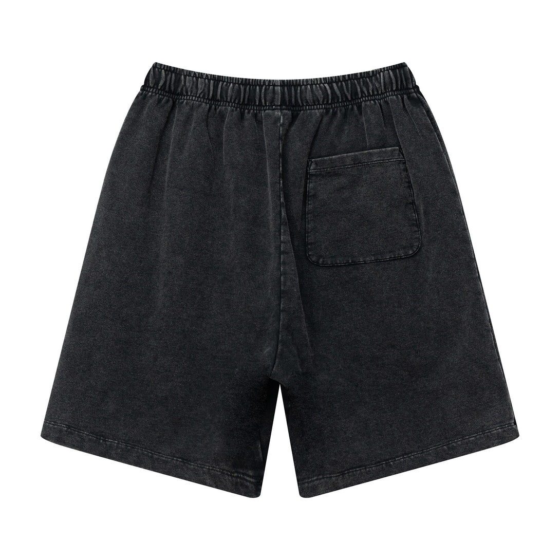Back view of men's heavy wash snow shorts in Vintage Black with side stripes
