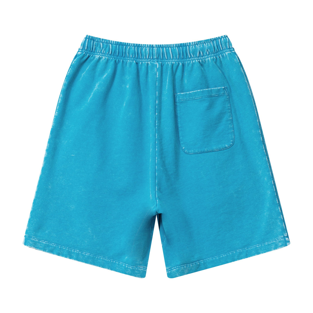 Back view of men's heavy wash snow shorts in Vintage Blue with triple stripes