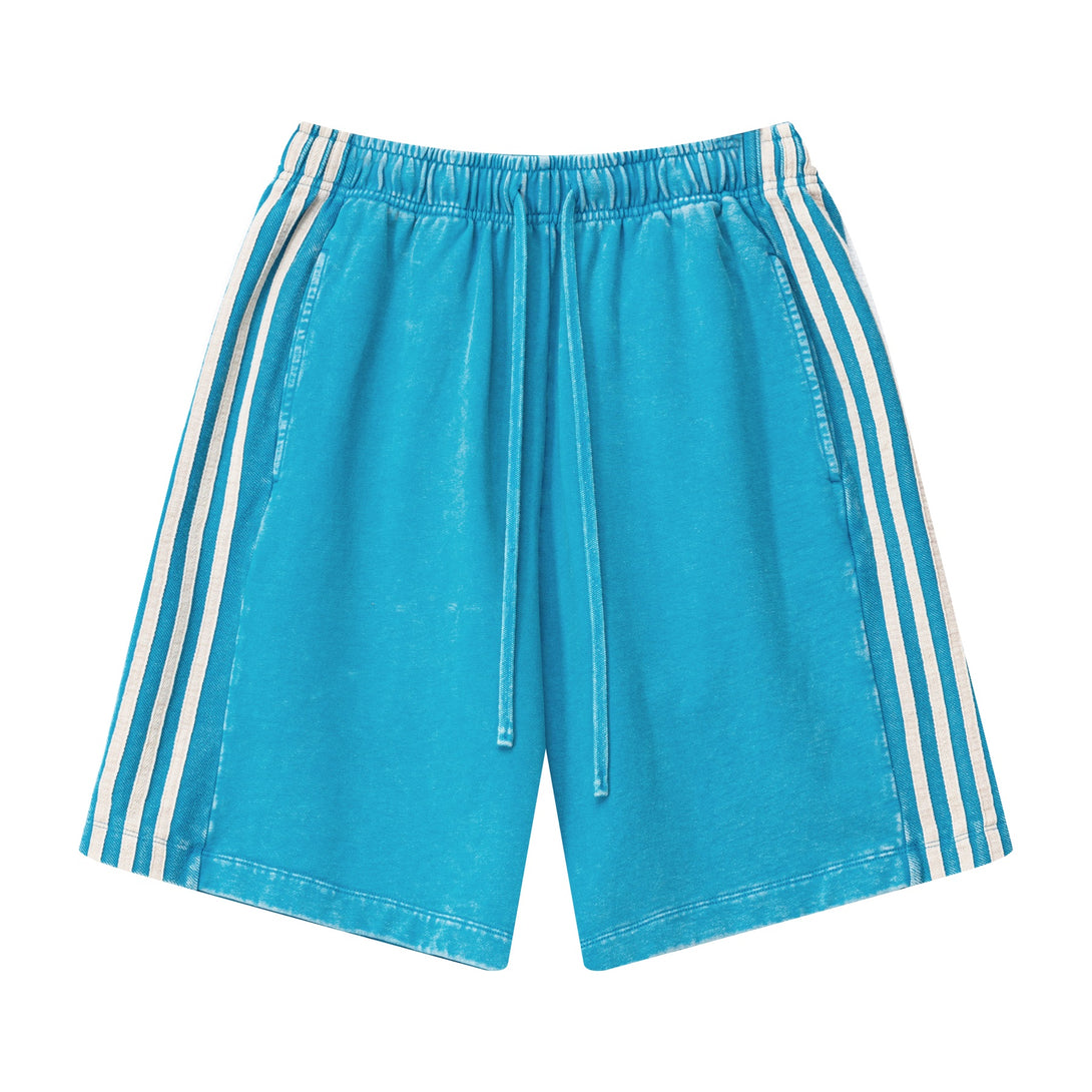 Front view of men's heavy wash snow shorts in Vintage Blue with triple stripes