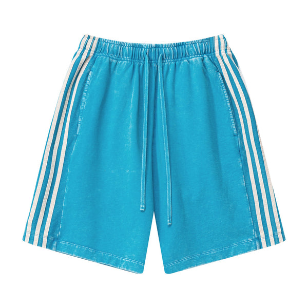 Front view of men's heavy wash snow shorts in Vintage Blue with triple stripes