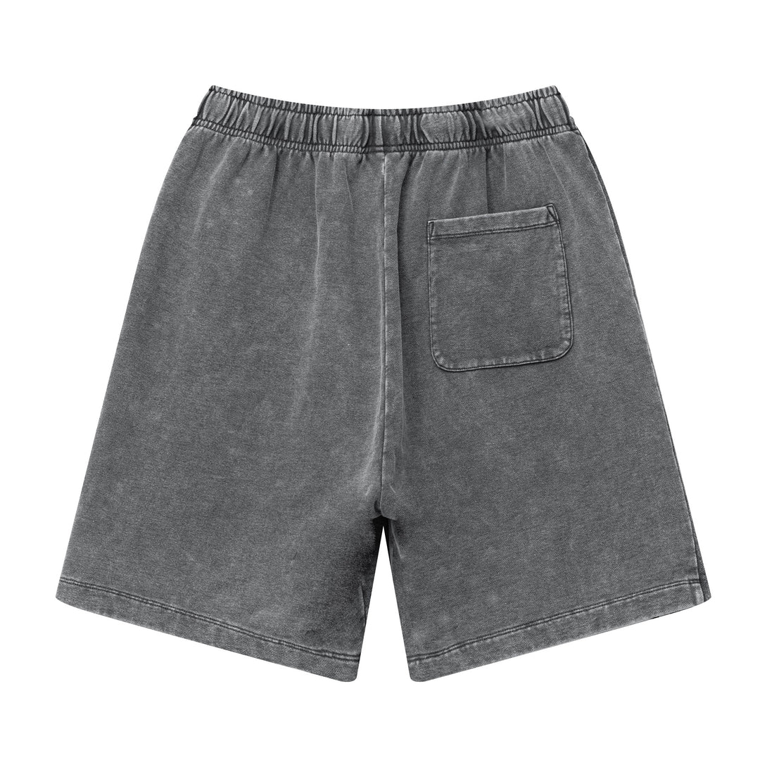 Back view of men's heavy wash snow shorts in Vintage Dark Gray with side stripes