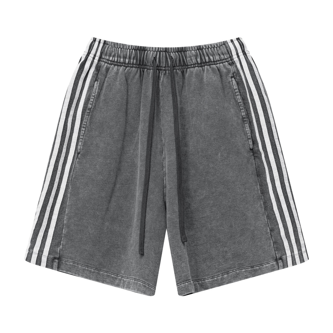 Front view of men's heavy wash snow shorts in Vintage Dark Gray with side stripes
