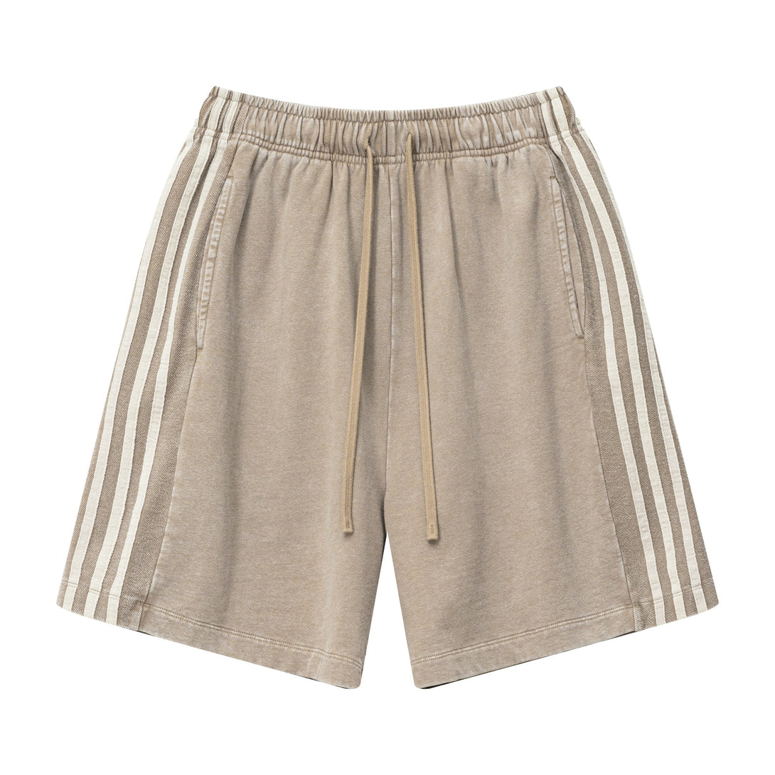 Front view of men's heavy wash snow shorts in Vintage Khaki with contrast stripes