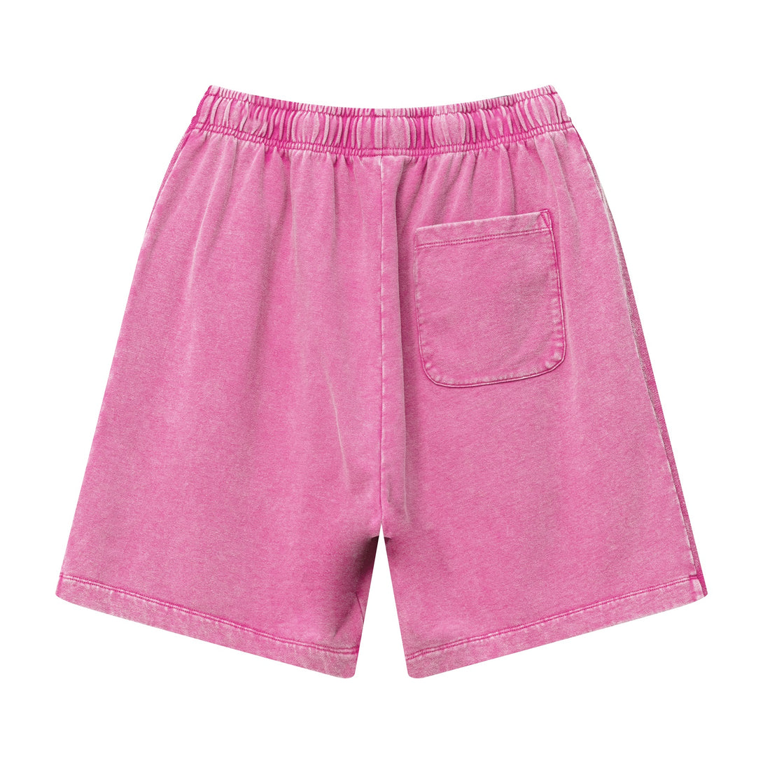 Back view of men's heavy wash snow shorts in Vintage Pink with white side stripes