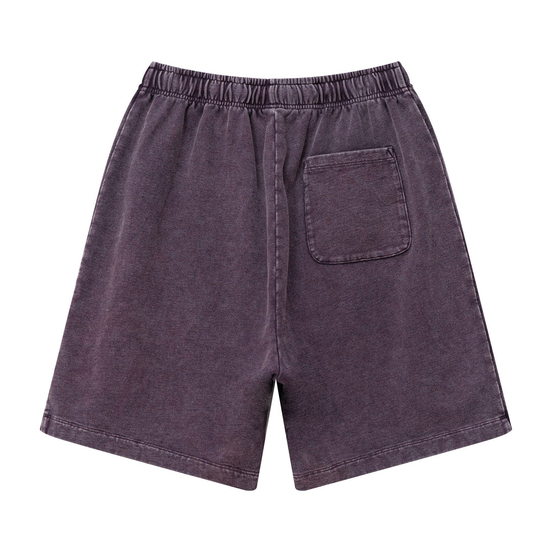 Back view of men's heavy wash snow shorts in Vintage Purple with side tapes