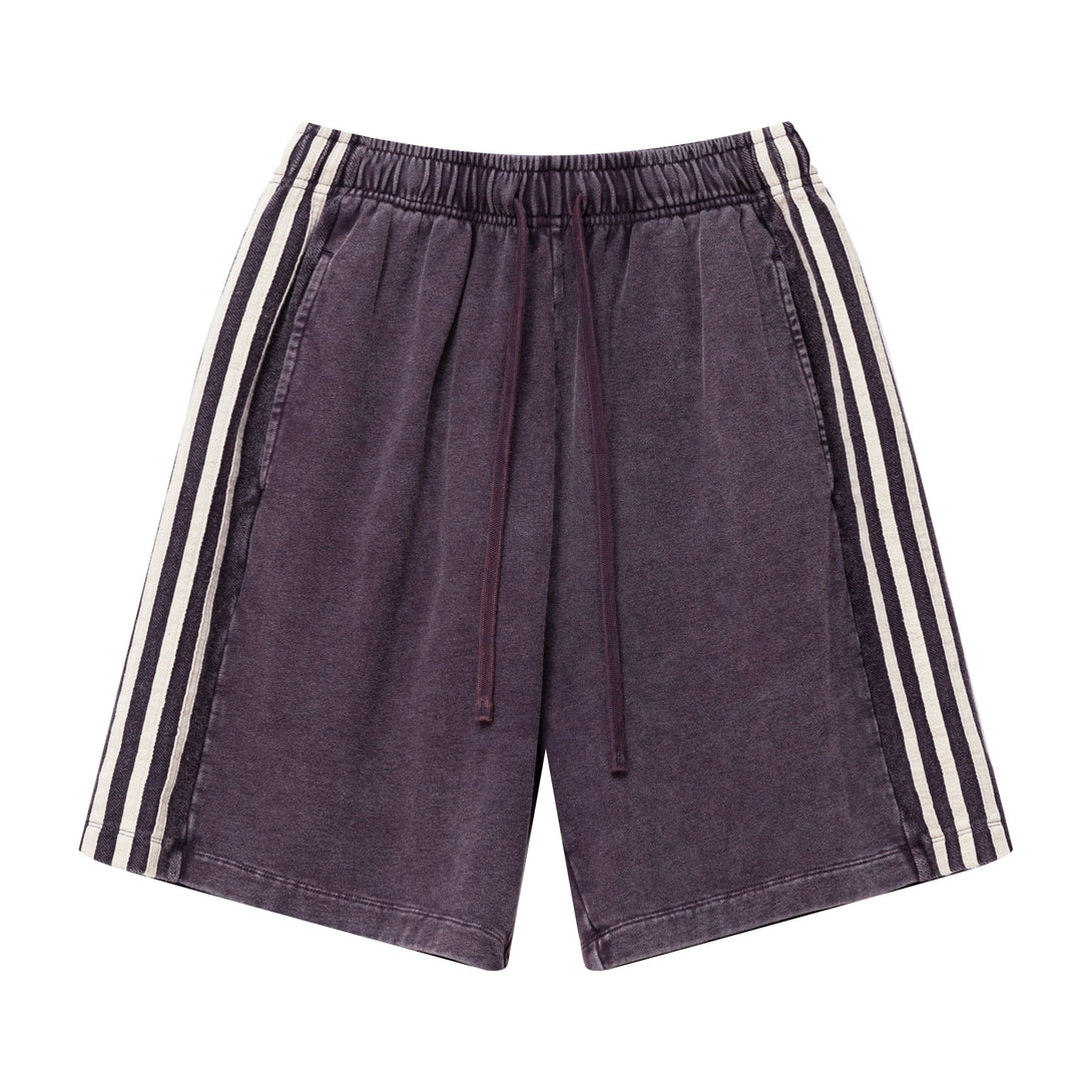 Front view of men's heavy wash snow shorts in Vintage Purple with side tapes