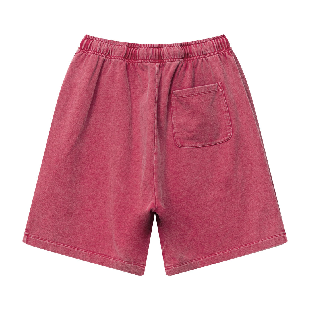 Back view of men's heavy wash snow shorts in Vintage Red with contrast stripes