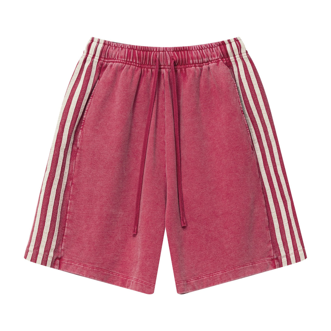 Front view of men's heavy wash snow shorts in Vintage Red with contrast stripes