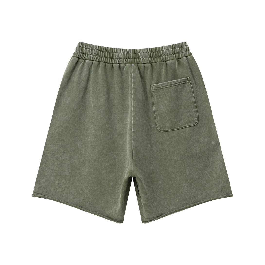 Back view of unisex army green retro shorts