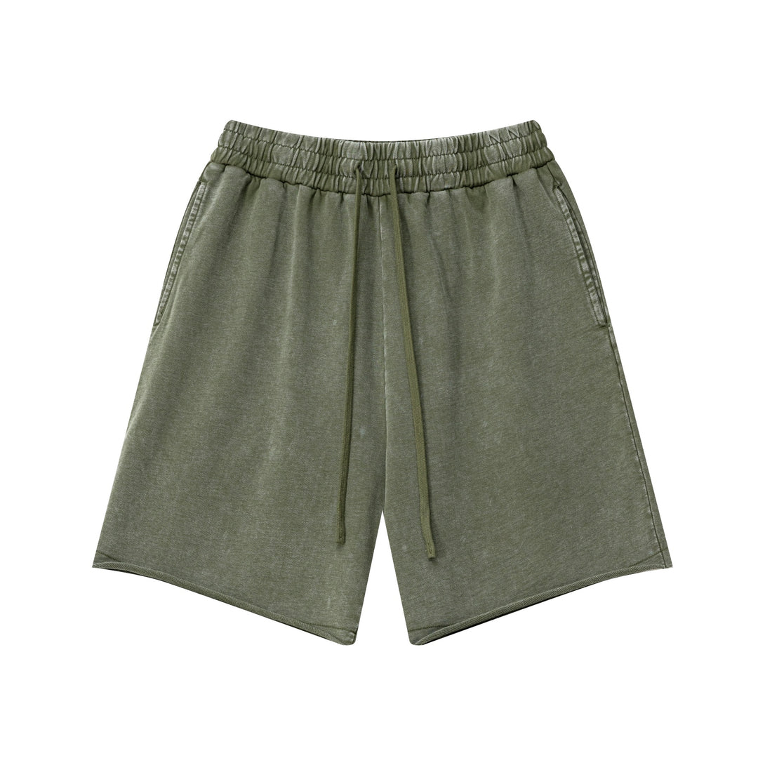 Army green vintage shorts front with distressed wash