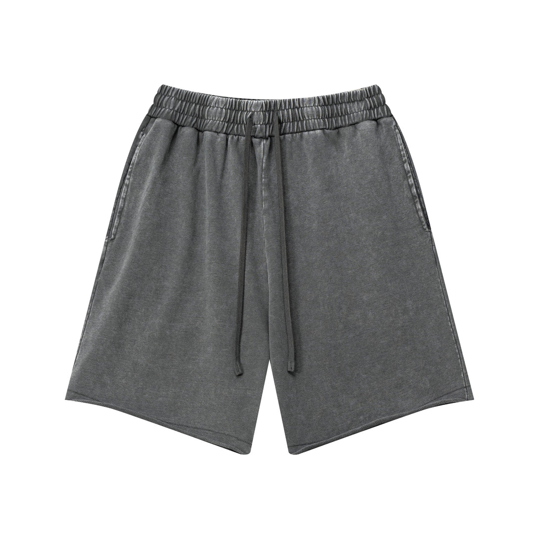 Front flat lay of retro dark gray heavy wash shorts