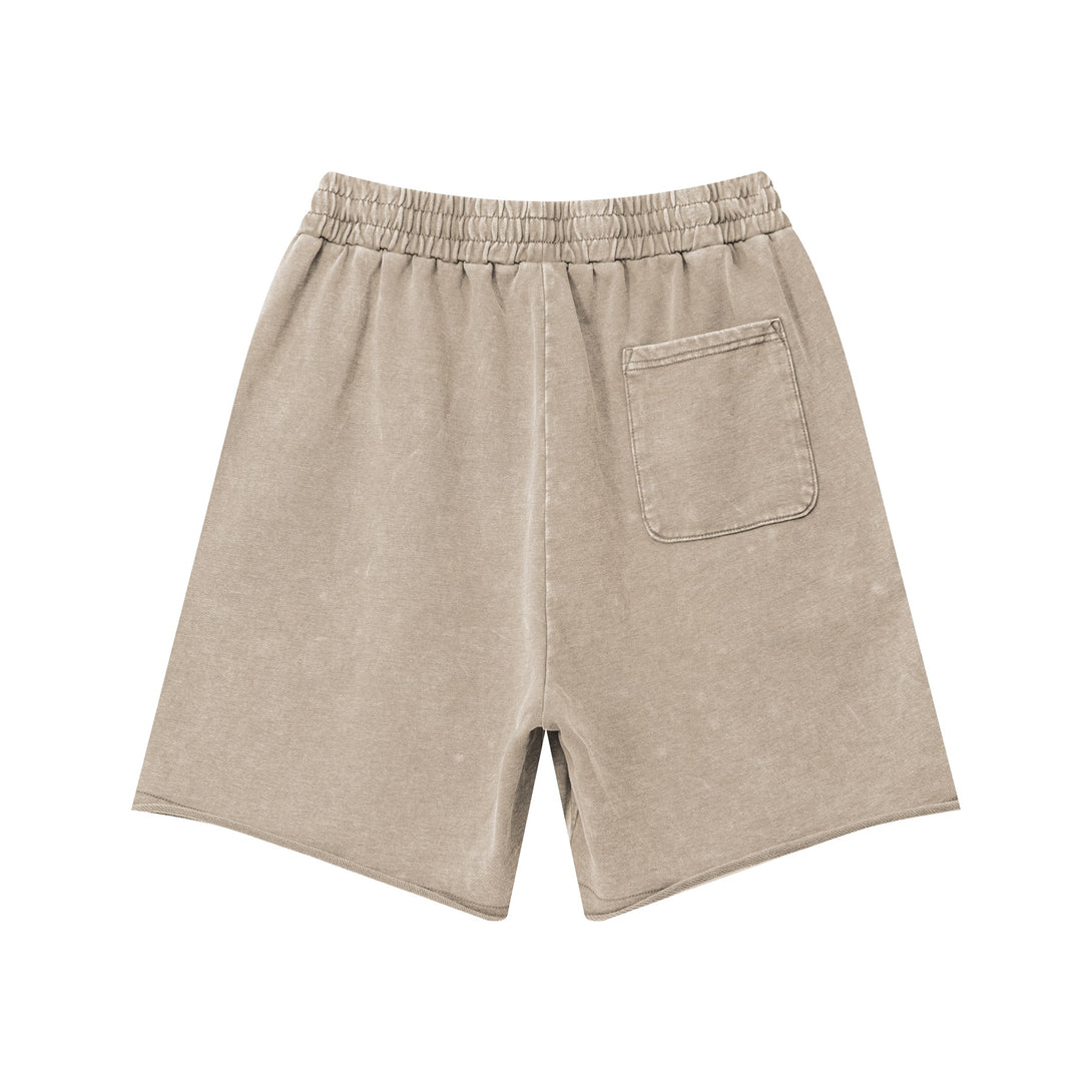 Back angle of heavy wash khaki shorts