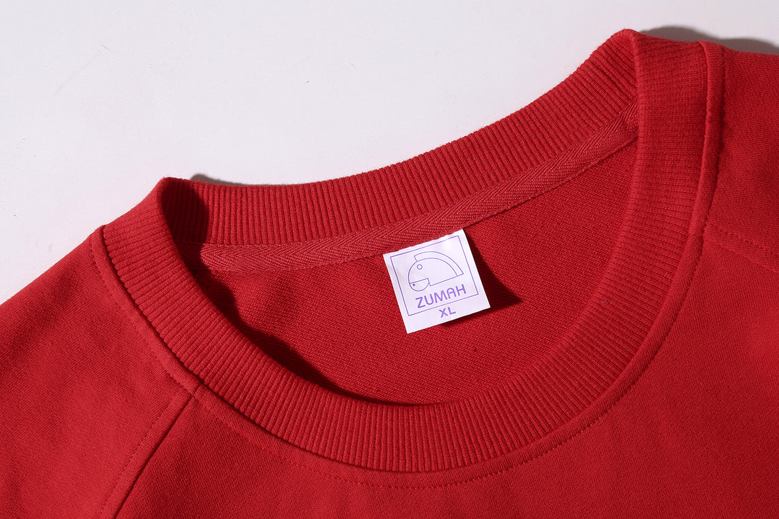 Close-up of reinforced ribbed collar on cotton crewneck sweatshirt