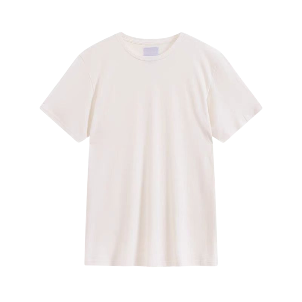 Front view of White Hemp-Tencel T-Shirt (55% hemp 45% tencel, 270GSM) with round neck eco-blend design, hypoallergenic apparel for wholesale.