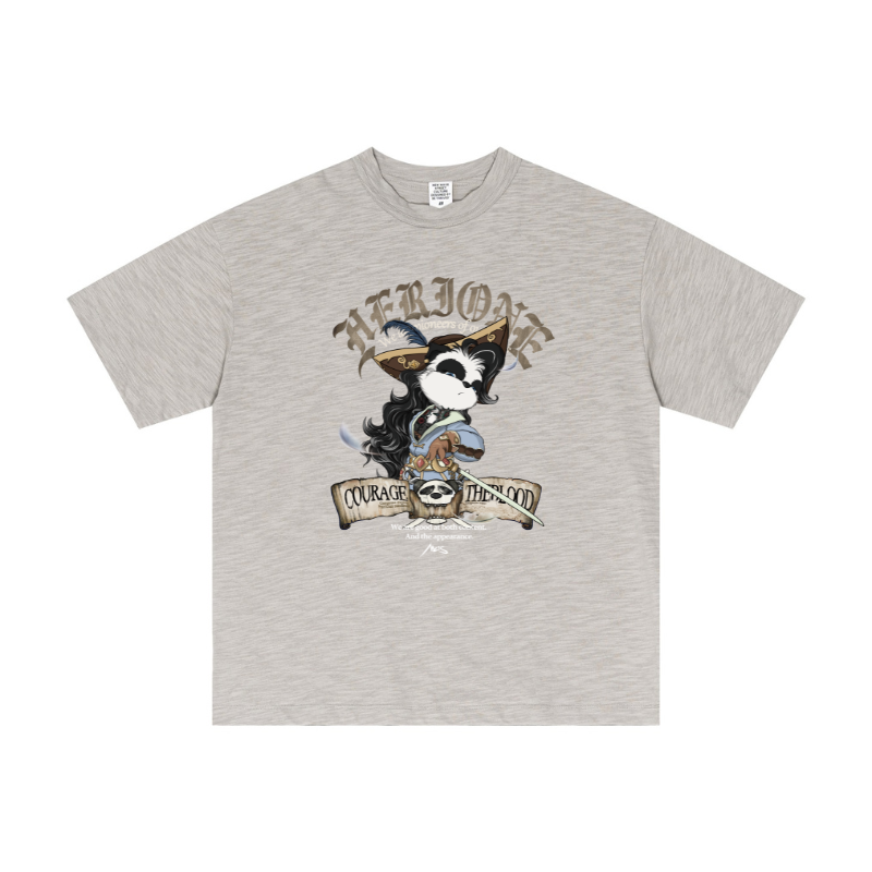 Graphic print texture on Light Gray cotton tee, yarn-dyed base fabric manufacturing detail.