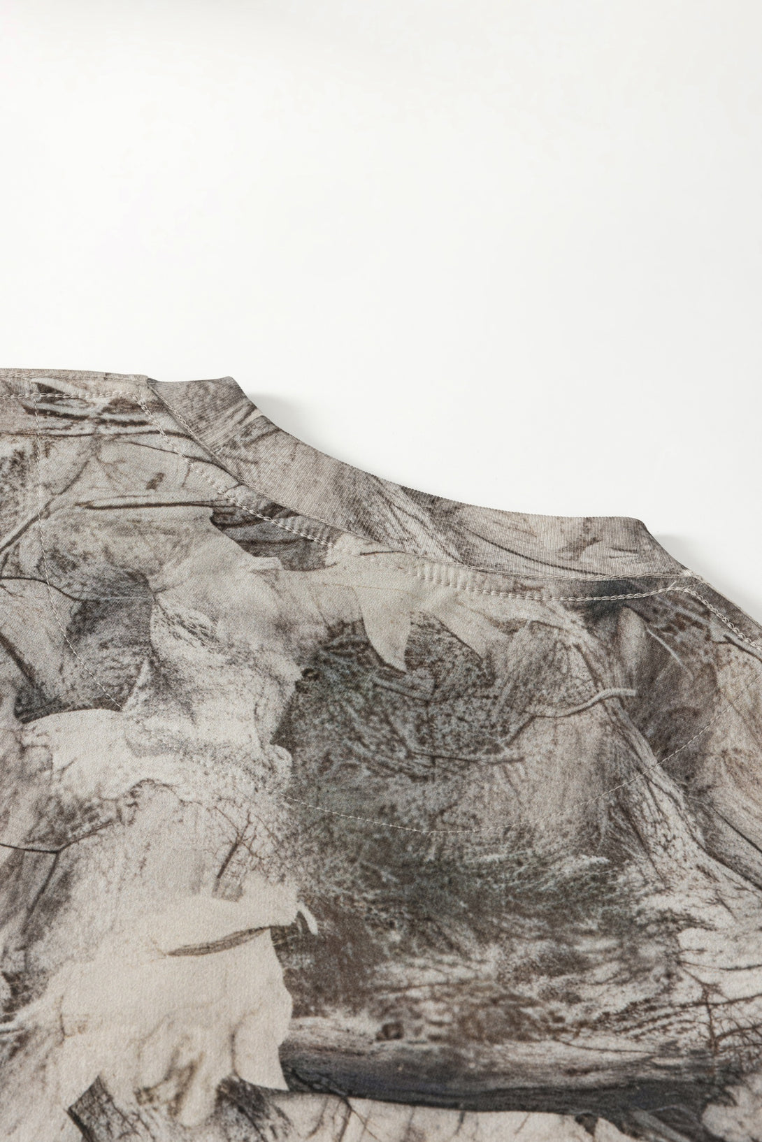 Men's 240g Camouflage All Over Print T-Shirt close-up of neckline and fabric texture.