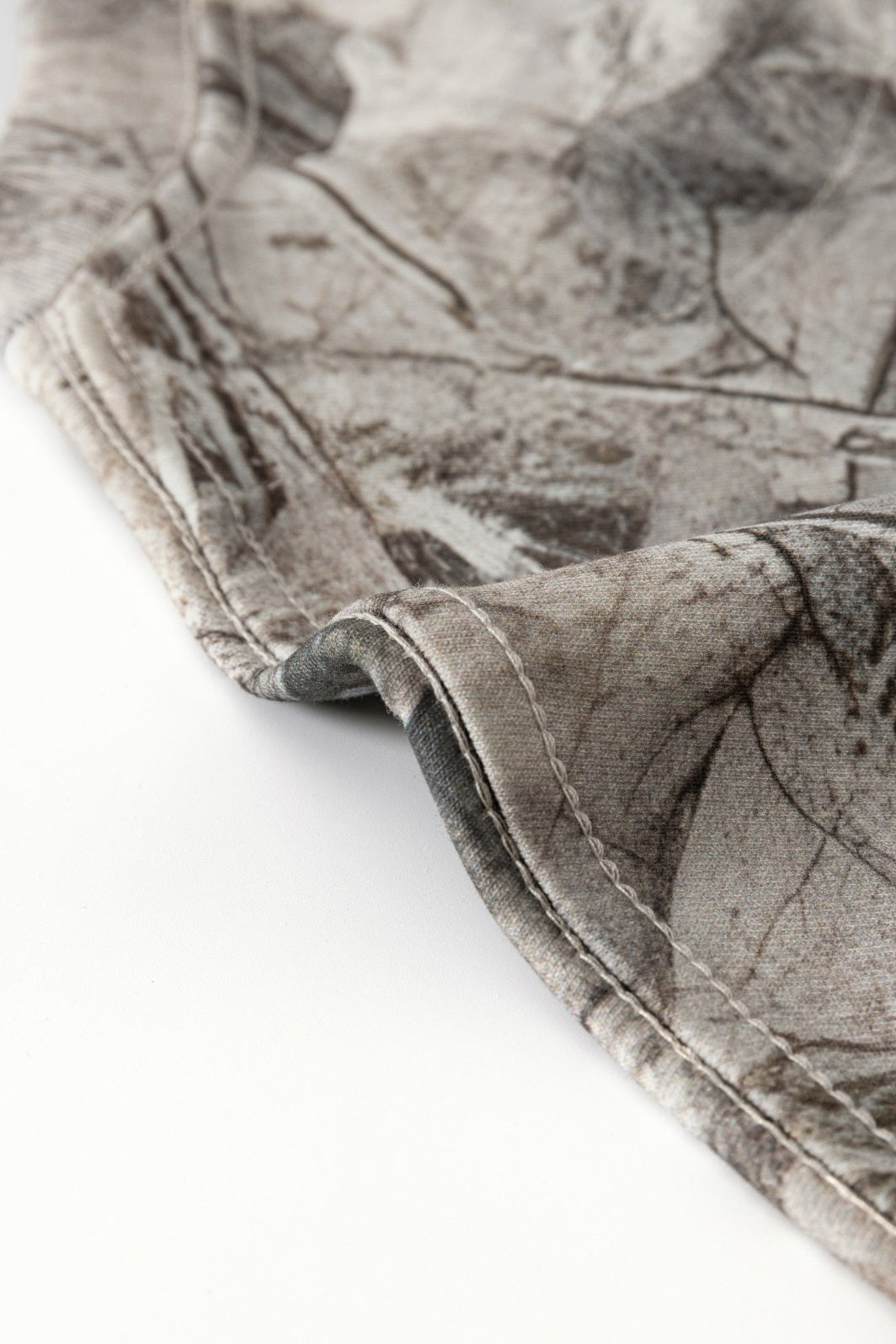 Men's 240g Camouflage All Over Print T-Shirt close-up showing detailed stitching and fabric texture.