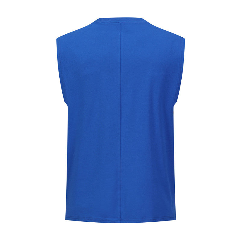 Back view of blue men's moisture-wicking sleeveless vest