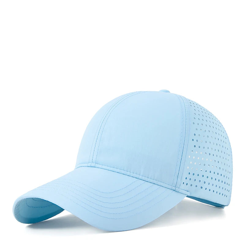 Light blue sports cap front - buckle-adjustable mesh headwear customizable