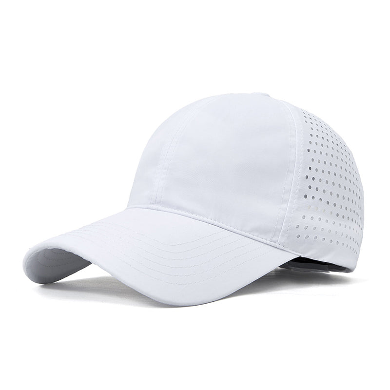 White mesh baseball cap front with adjustable buckle - 170g polyester sports headwear wholesale