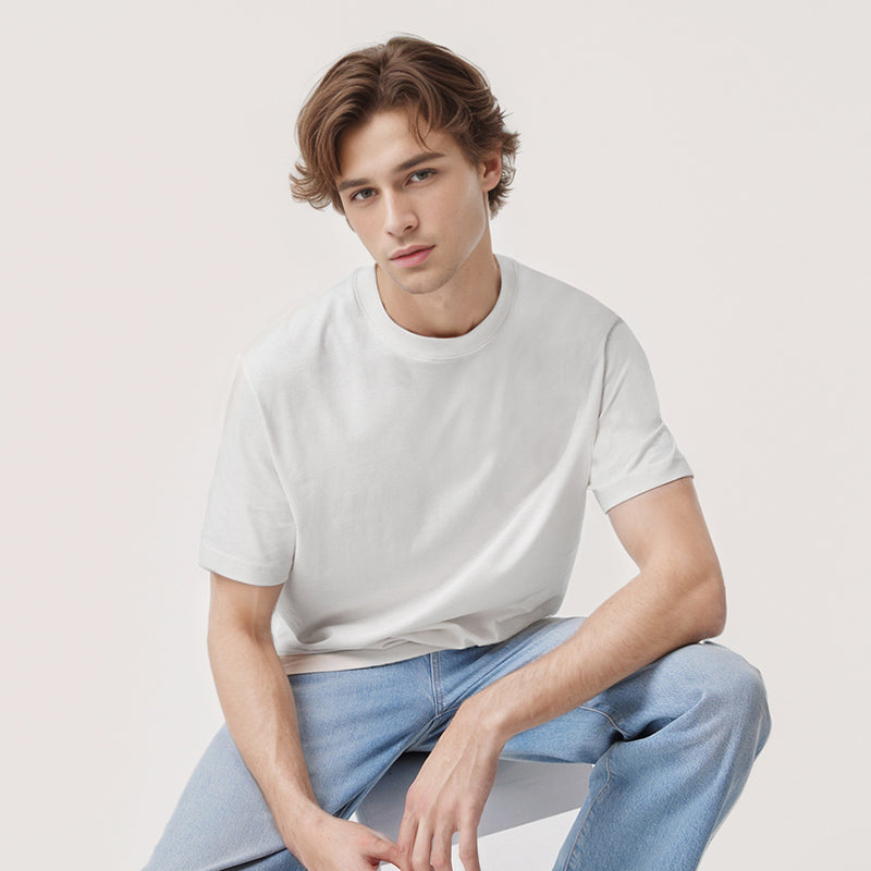 Model wearing sustainable loose fit Sorona t-shirt - wholesale sample