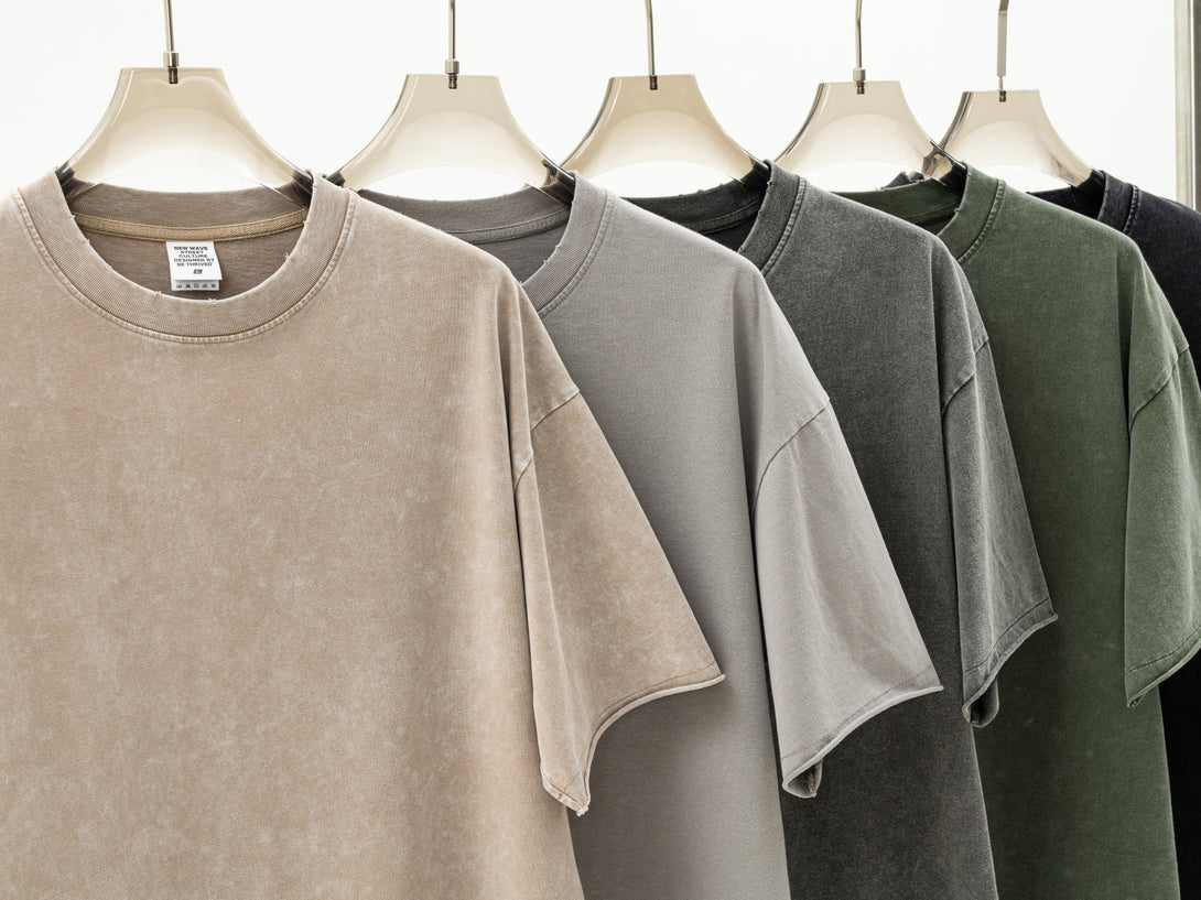 Multi-Color Vintage Tees Flat Lay | Black Light-Gray Army-Green Khaki Dark-Gray | Oversized Streetwear Collection | Bulk Wholesale Apparel