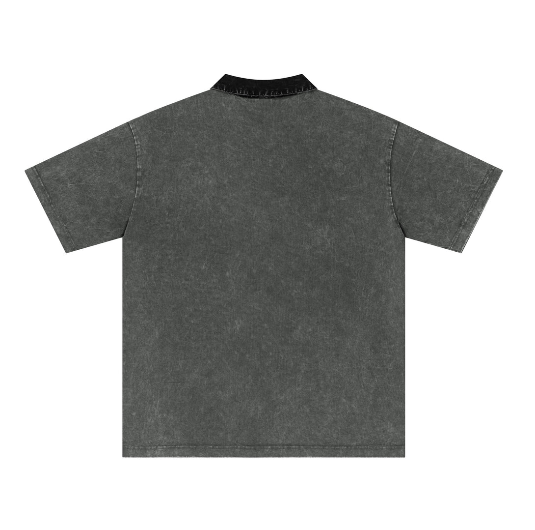 Back view of Dark Gray cotton polo showcasing vintage wash texture and garment drape for bulk orders.