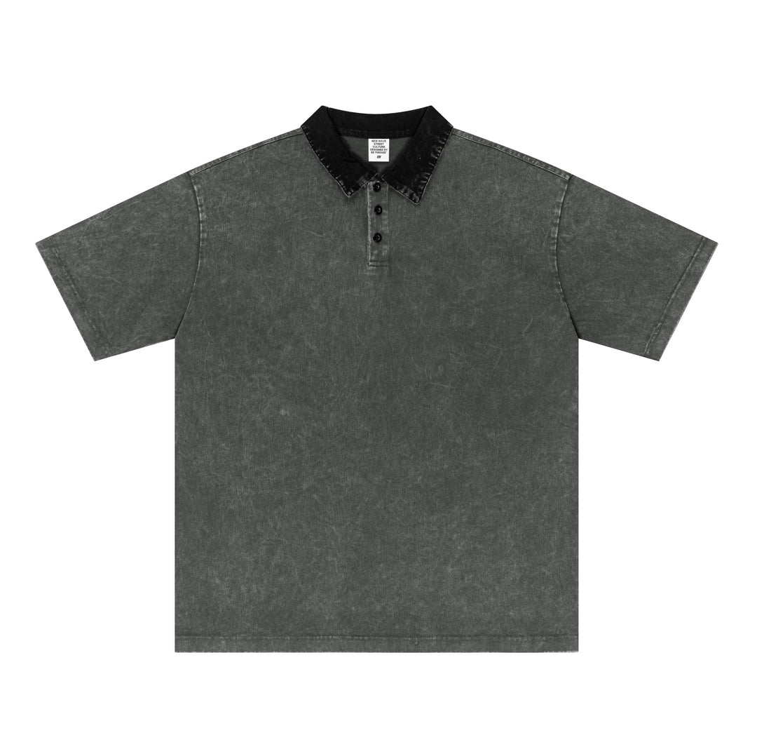 Front view of Dark Gray Oversized Cotton Polo with 100% cotton fabric and vintage distressed wash, streetwear essential for wholesale.